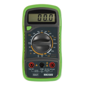 The Sealey Digital Multimeter 8-Function with Thermocouple Hi-Vis - MM20HV, equipped with a green case and an LCD display reading 00.0, includes a rotary dial and multiple inputs for measuring voltage, current, resistance, and even features a temperature probe for enhanced functionality.