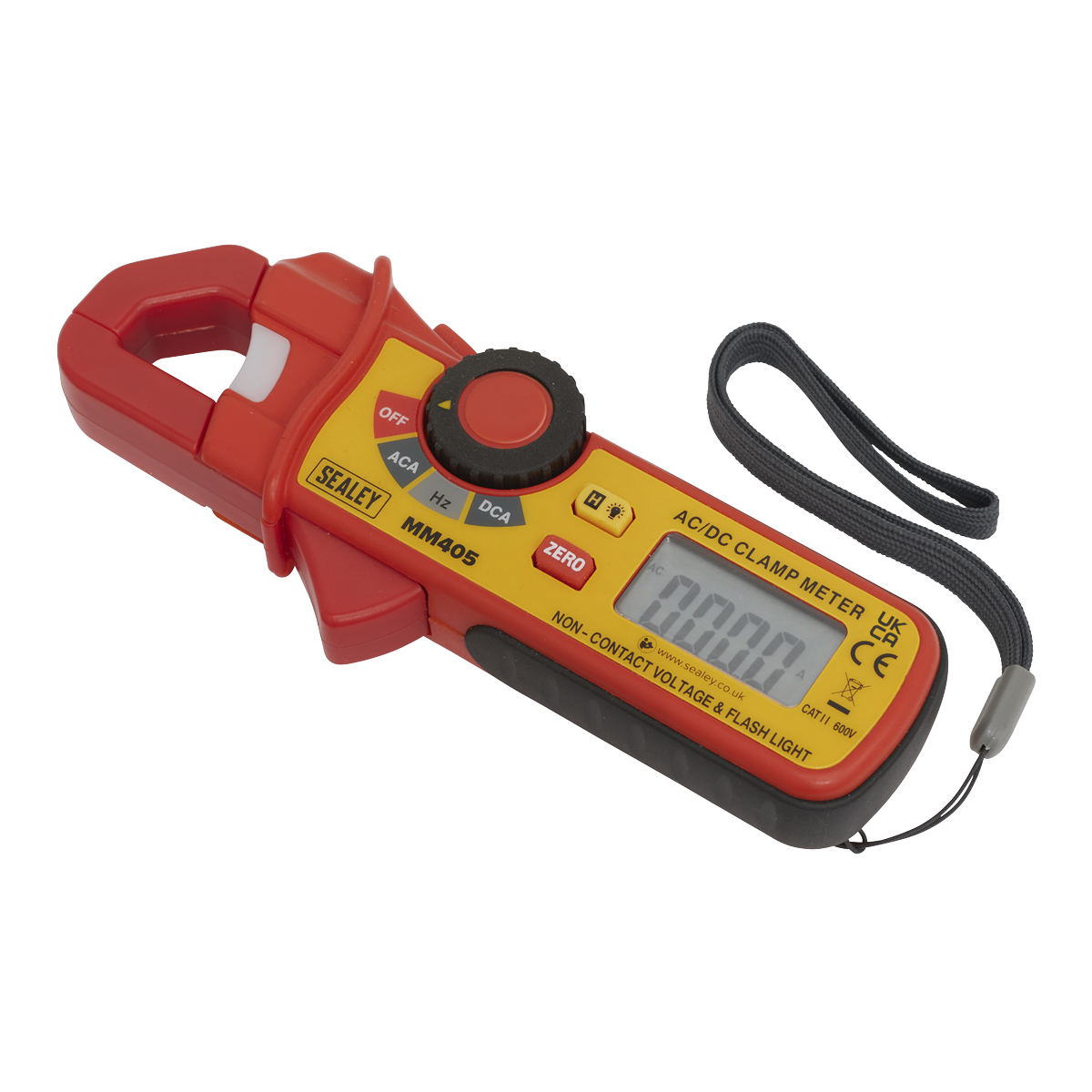 Introducing the Mini AC/DC Clamp Meter - MM405 by Sealey, a red and yellow clamp meter with a digital display and a wrist strap. Perfect for the automotive electrician, it features various buttons and dials for measurement settings, as well as non-contact voltage detection to enhance safety during use.