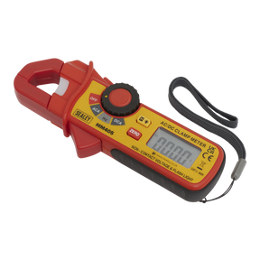 Introducing the Mini AC/DC Clamp Meter - MM405 by Sealey, a red and yellow clamp meter with a digital display and a wrist strap. Perfect for the automotive electrician, it features various buttons and dials for measurement settings, as well as non-contact voltage detection to enhance safety during use.