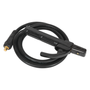 A Sealey MMA Electrode Holder with a 2m, 25mm² black electric welding cable featuring a clamp and DINSE connector (Model: MMA01).