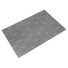 A Sealey Mesh Orbital Screen Sheet, measuring 12 x 18 inches with a 100 Grit rating, ideal for orbital sanders, is showcased against a plain white background. The product is available in a pack of 10 under the code MOS1218100.