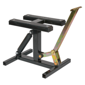 The Sealey Quick Lift Off-Road/Trials Bike Stand - MPS8 is a black metal maintenance lift stand with a handle for manual operation, designed specifically for lifting motorcycles for maintenance or repairs. Featuring a hydraulic dampener, this stand ensures smooth and controlled lifting and has a maximum capacity of 150kg.