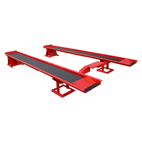 The Sealey Car Lift/Ramp 3 Tonne - MR1 features a red, two-post design with black, adjustable-width car ramps, making it ideal for vehicle maintenance and repairs.