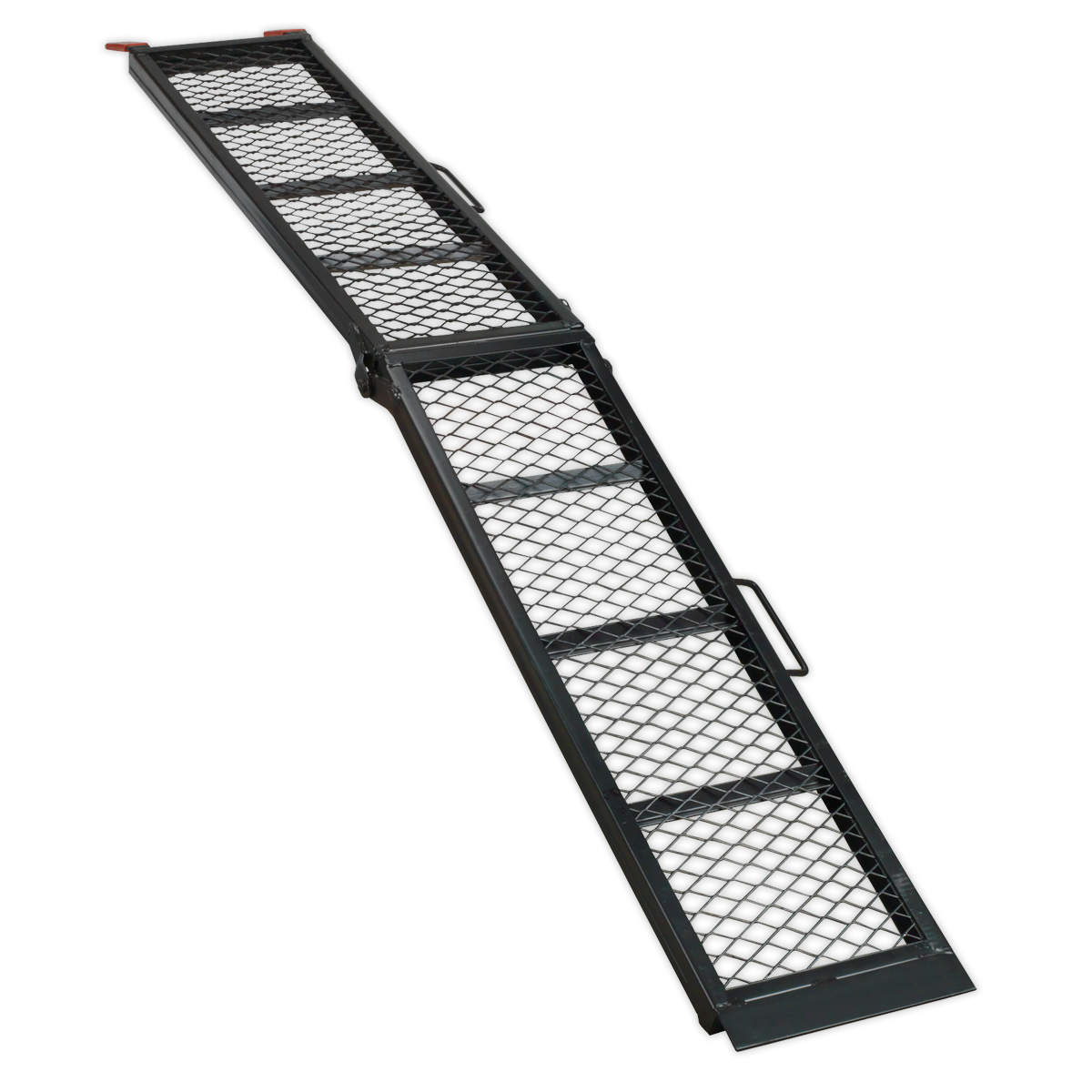 Experience the robustness of the Sealey Steel Mesh Folding Loading Ramp MR360, a folding black metal ramp with a diamond-patterned surface designed for effortless motorbike loading and unloading, supporting up to 360kg.