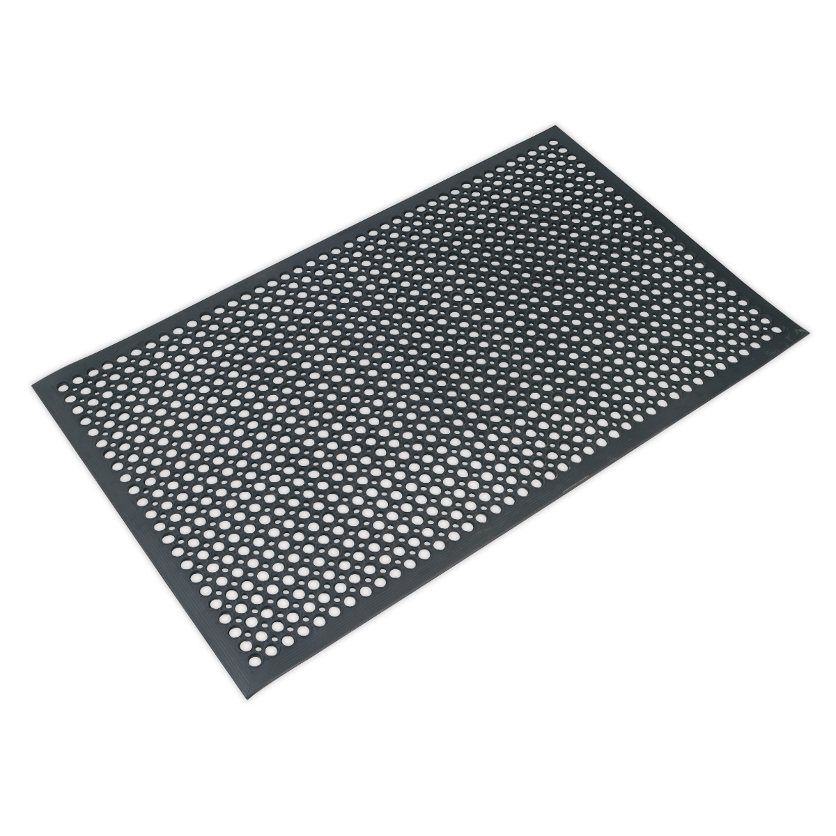 The Anti-Fatigue Workshop Matting 1500 x 900mm - MRM0915 from Sealey is a rectangular black rubber mat with a pattern of evenly spaced circular holes that offers excellent slip resistance.