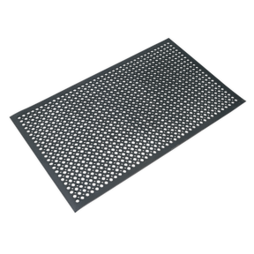 The Anti-Fatigue Workshop Matting 1500 x 900mm - MRM0915 from Sealey is a rectangular black rubber mat with a pattern of evenly spaced circular holes that offers excellent slip resistance.