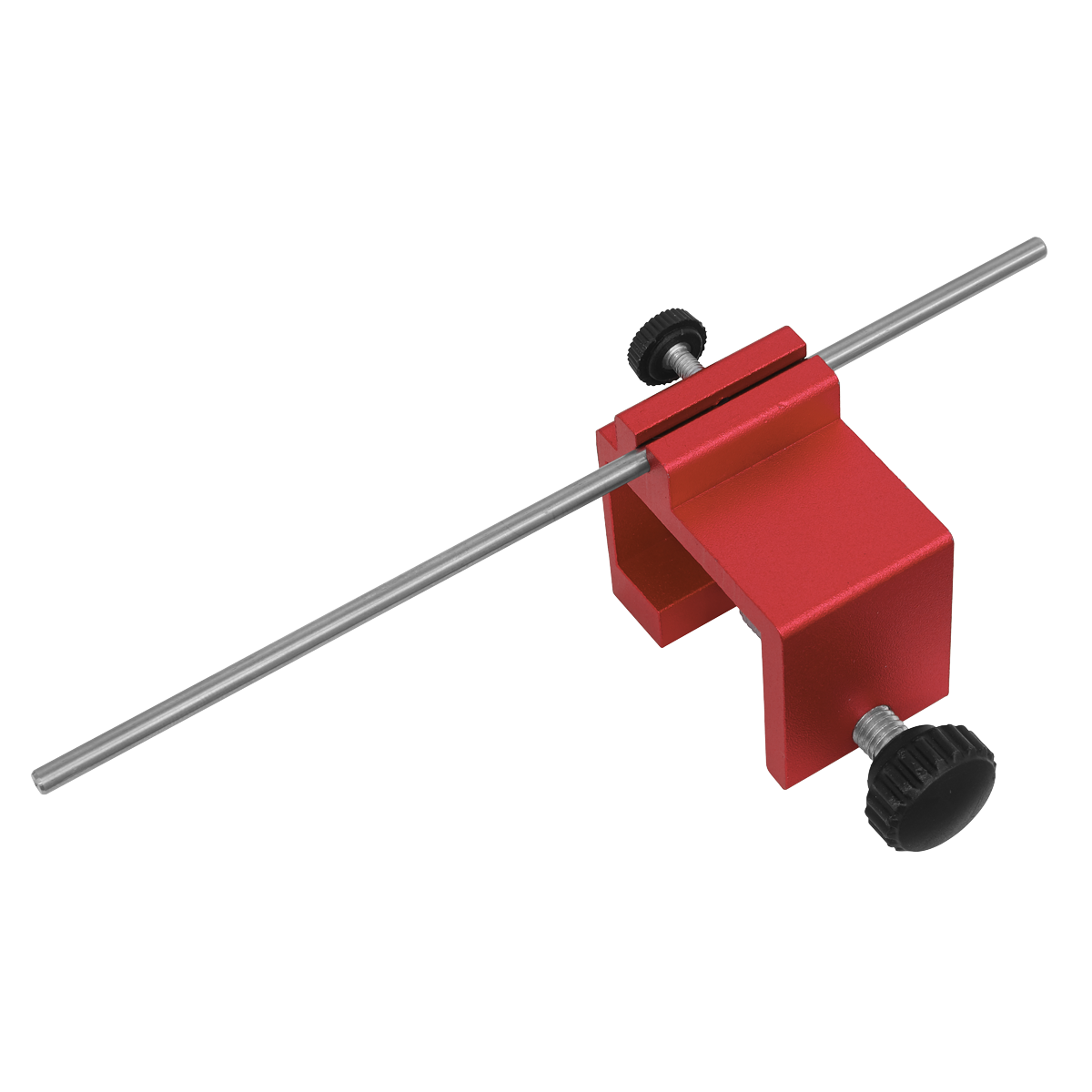 The Sealey Motorcycle Chain Alignment Tool - MS005 is a red metal instrument featuring an adjustable clamp and a horizontally extending metal rod, designed for precision adjustments. This tool enhances chain alignment, ensuring compatibility with chain sizes up to 28mm, thus aiding in the prevention of excessive wear on chains and sprockets.