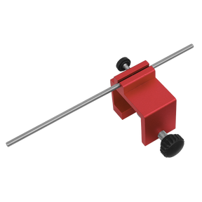 The Sealey Motorcycle Chain Alignment Tool - MS005 is a red metal instrument featuring an adjustable clamp and a horizontally extending metal rod, designed for precision adjustments. This tool enhances chain alignment, ensuring compatibility with chain sizes up to 28mm, thus aiding in the prevention of excessive wear on chains and sprockets.