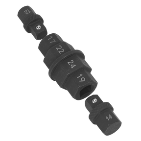 The Sealey Motorcycle Spindle Tool Set 3pc - MS008 includes a black hexagonal stepped socket with various spindle sizes marked on its sides, and two smaller attachment pieces, making it ideal for motorcycle wheel nut adjustments.