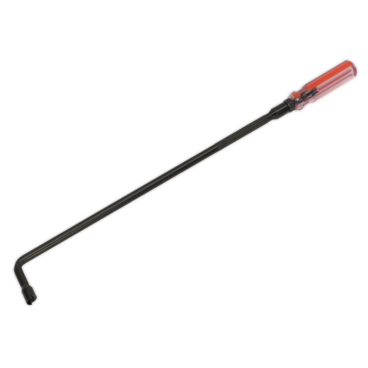 The Sealey Pilot Screw Adjusting Tool - MS013 is a long metal tool with a black shaft and a red handle, featuring a hexagonal end and an offset shaft design, making it perfect for hard-to-reach areas.