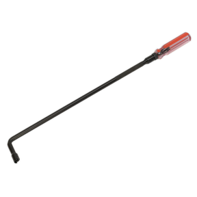 The Sealey Pilot Screw Adjusting Tool - MS013 is a long metal tool with a black shaft and a red handle, featuring a hexagonal end and an offset shaft design, making it perfect for hard-to-reach areas.