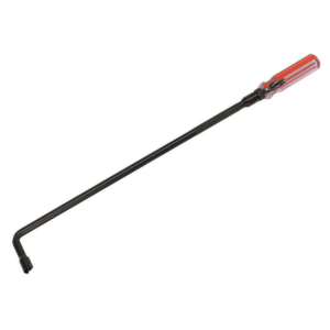 The Sealey Pilot Screw Adjusting Tool - MS013 is a long metal tool with a black shaft and a red handle, featuring a hexagonal end and an offset shaft design, making it perfect for hard-to-reach areas.