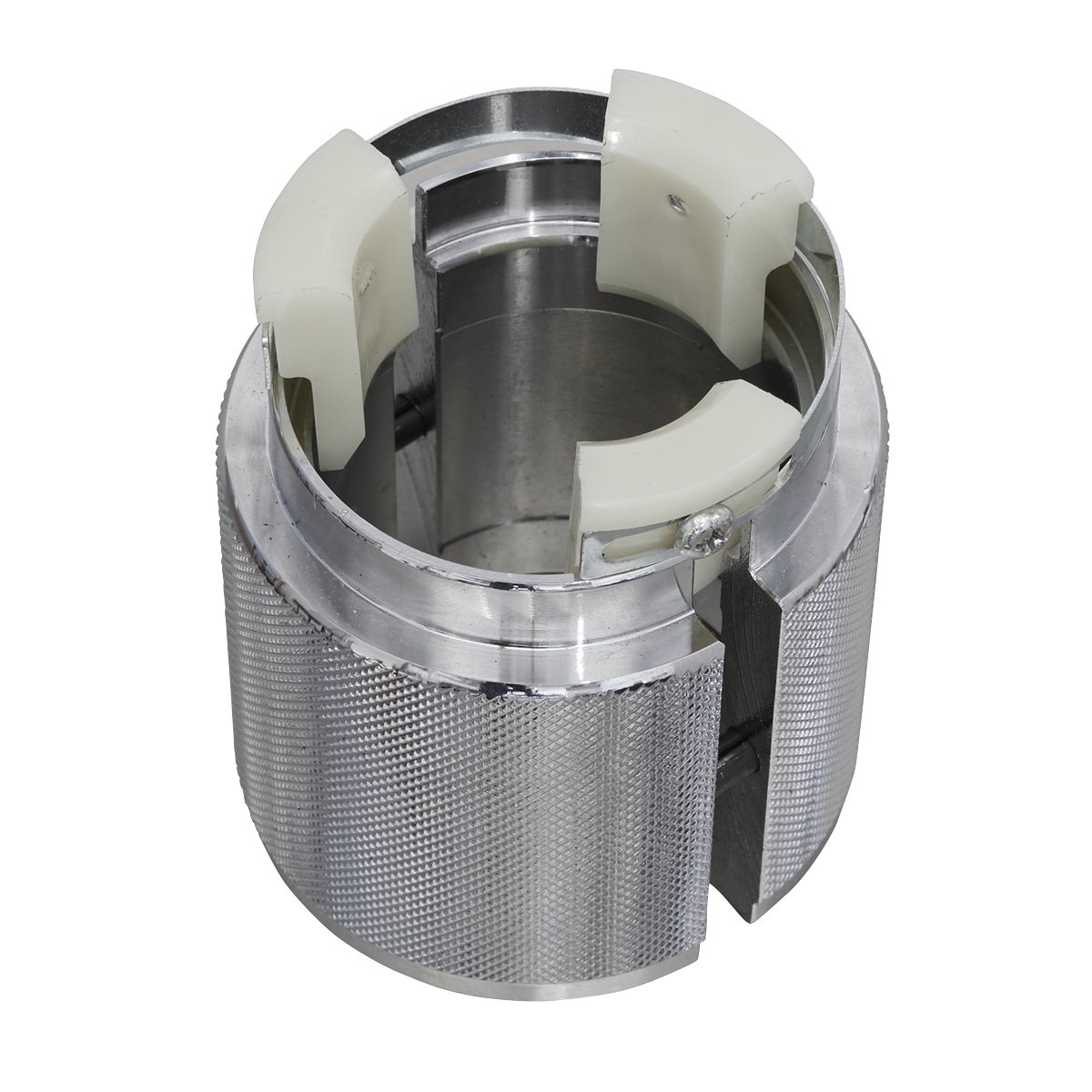 Close-up view of the Sealey Fork Seal Driver Ø35-47mm - MS016, showcasing its cylindrical metallic design with textured sides and white plastic inner parts for easy installation and damage prevention.