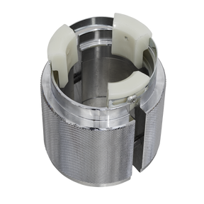 Close-up view of the Sealey Fork Seal Driver Ø35-47mm - MS016, showcasing its cylindrical metallic design with textured sides and white plastic inner parts for easy installation and damage prevention.