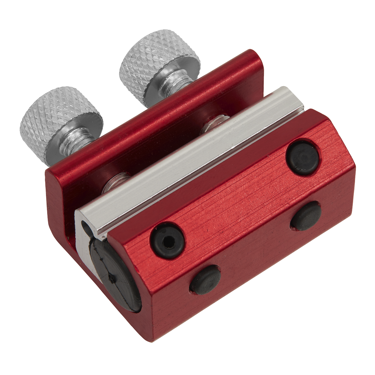 The Motorcycle Twin-Clamp Cable Oiler - MS038 by Sealey is a compact red and silver metal tool that features two knurled adjustment knobs and four screws, specifically designed for twin-clamp cable oiler applications on motorcycle cables.