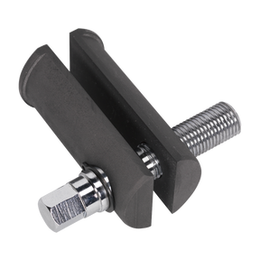 Close-up of the Sealey Motorcycle Steering Stem Bearing Removal Tool - MS040, featuring a black metal clamp with a threaded bolt and hexagonal nut, ideal for use as a universal tool in various applications.