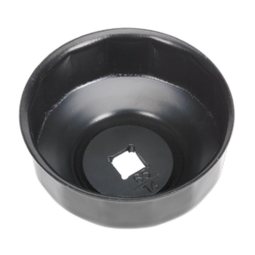 A Sealey Oil Filter Cap Wrench, MS044, featuring a circular, low-profile black design with a square cutout in the center and "65/14" inscribed in the middle.