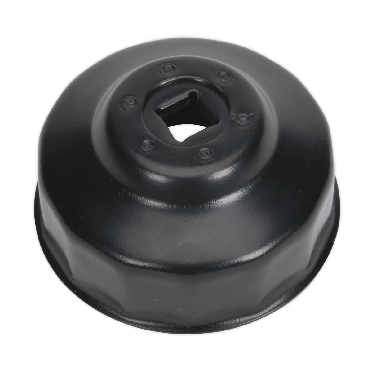 A black Sealey Oil Filter Cap Wrench Ø65mm x 14 Flutes - MS044 with a low profile design and a circular, slightly domed shape.