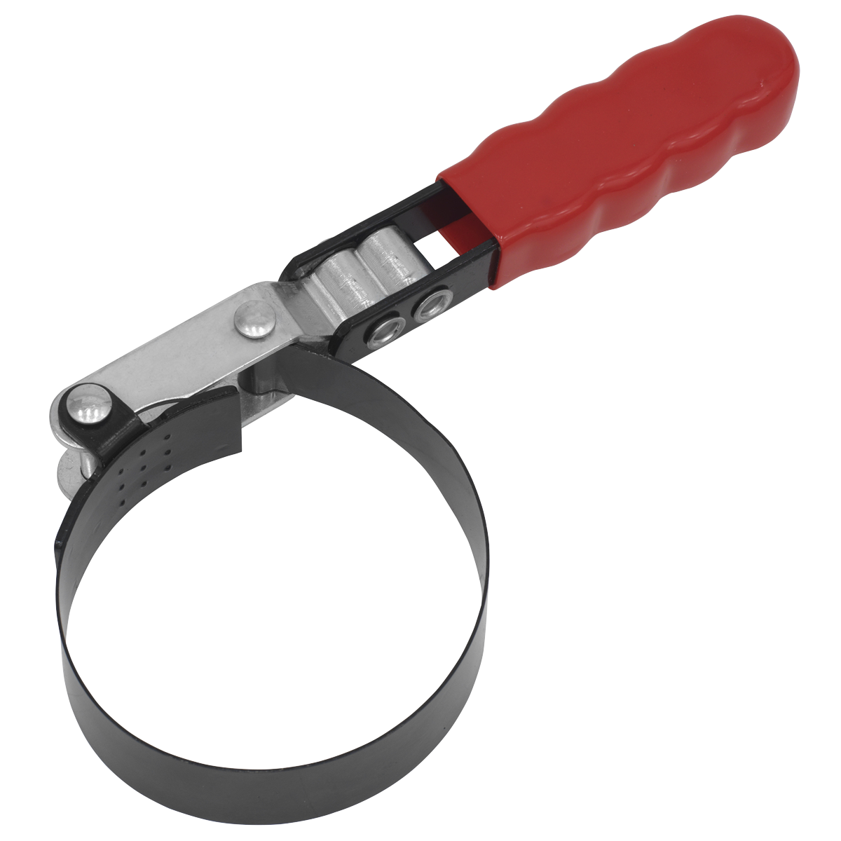 The Sealey Oil Filter Band Wrench Ø60-84mm - MS046 features a corrosion-resistant design with a black circular band and a red ergonomic handle.