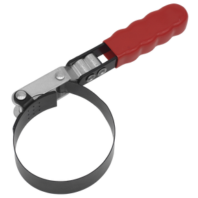 The Sealey Oil Filter Band Wrench Ø60-84mm - MS046 features a corrosion-resistant design with a black circular band and a red ergonomic handle.