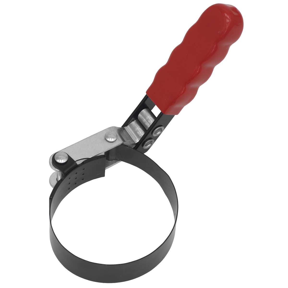 Introducing the Sealey Oil Filter Band Wrench Ø60-84mm - MS046, featuring a corrosion-resistant metal band and a multi-position red handle.