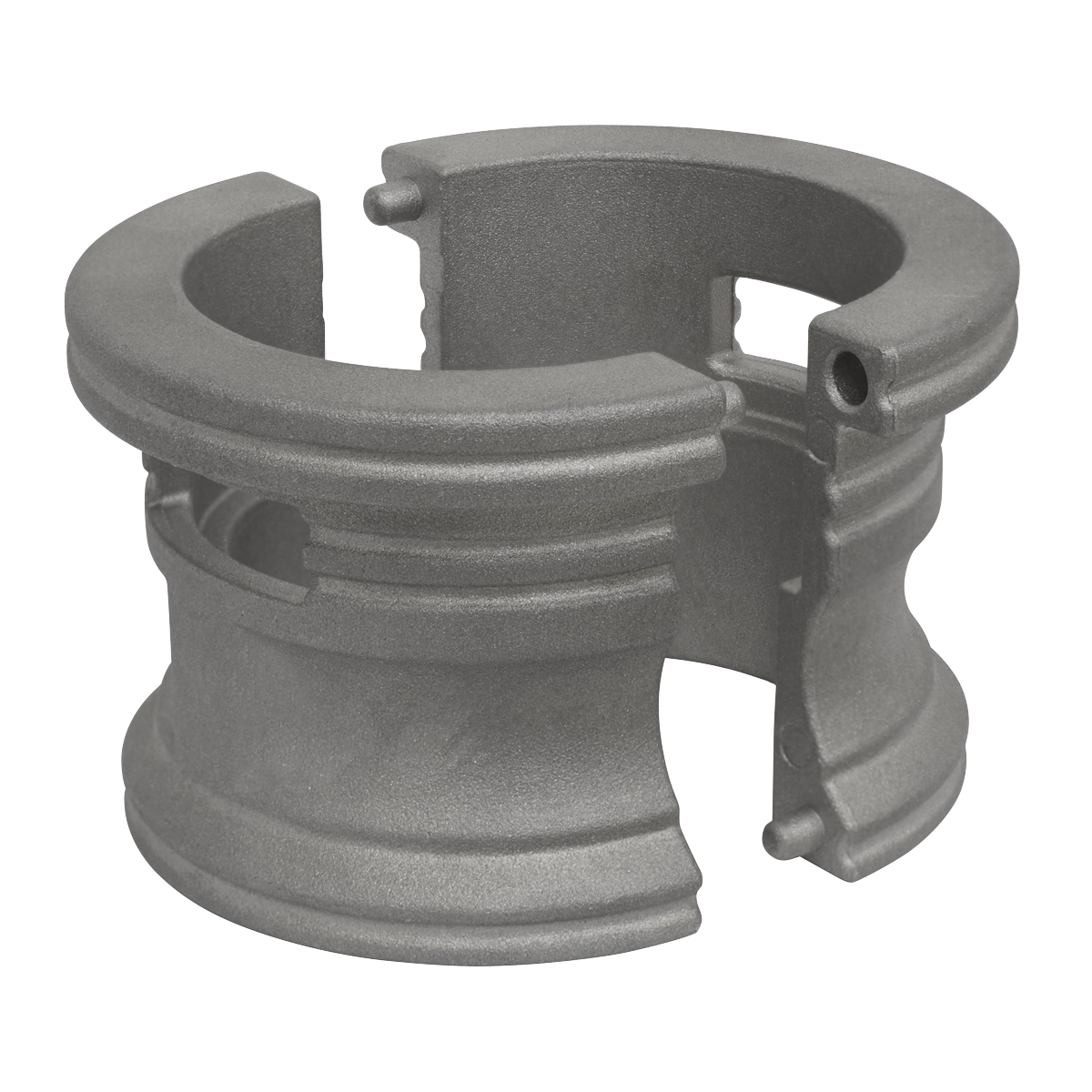 Gray cylindrical metal part with grooves and a partial gap on one side, perfect for use as Sealey's Motorcycle Fork Seal Driver - Shell Only - MS050D.