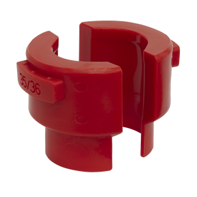 A red, plastic Motorcycle Fork Seal Driver Sleeve Ø35-36mm - MS0531 by Sealey, featuring a cylindrical shape with a split design for easy attachment, and crafted from reinforced nylon for durability.