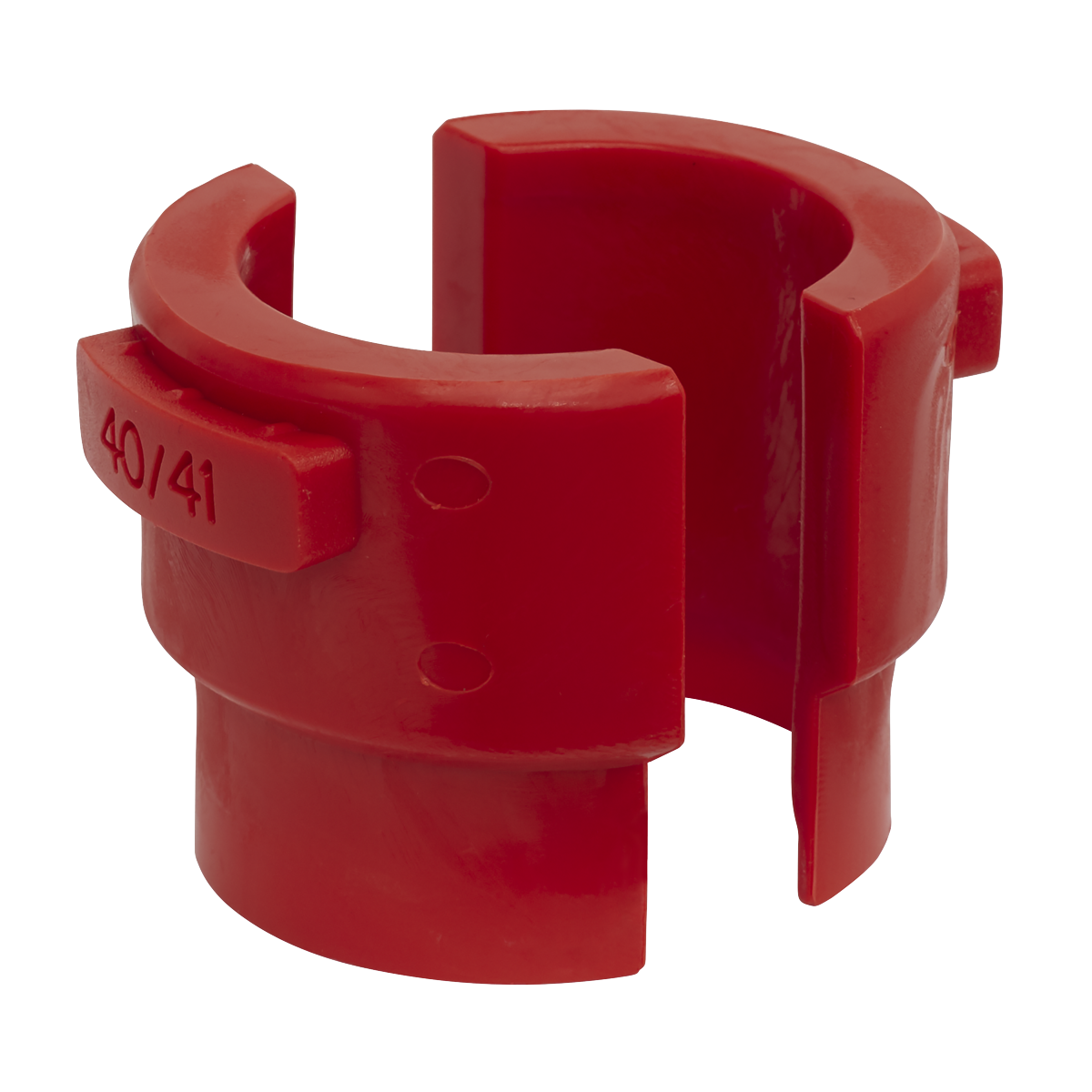 A red, open-cylindered Plastic Clip with the numbers 40/41 imprinted on the side, made from reinforced nylon, named "Motorcycle Fork Seal Driver Sleeve Ø40-41mm - MS0551" by Sealey.