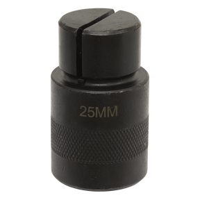 The Sealey Replacement Collet for MS062 Ø25mm - MS062.V2-09, a black, cylindrical metal tool with "25MM" etched on it, is designed with a ridged grip section and a slot at the top, making it ideal for wheel bearing removal.
