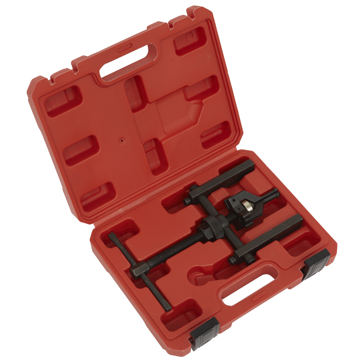 A Sealey Wheel Bearing Puller Ø12-38mm 3-Jaw (MS0621) tool with a black, corrosion-resistant finish, securely placed inside its custom-molded red plastic carrying case.