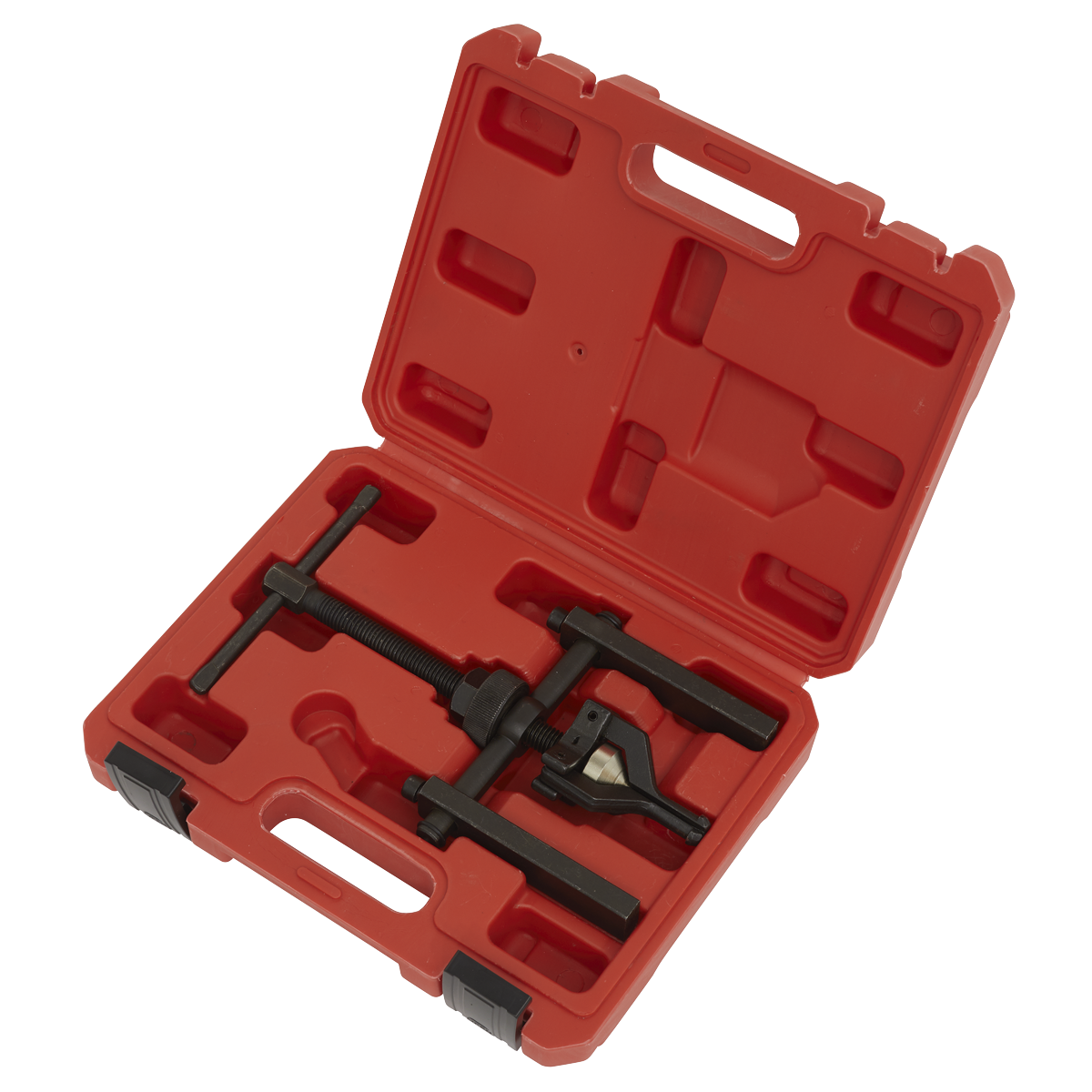 A Sealey Wheel Bearing Puller Ø12-38mm 3-Jaw (Model MS0621) comes housed in a red plastic case. The black metal tool is possibly a puller set, with compartments integrated into the corrosion-resistant lid and base for additional parts.