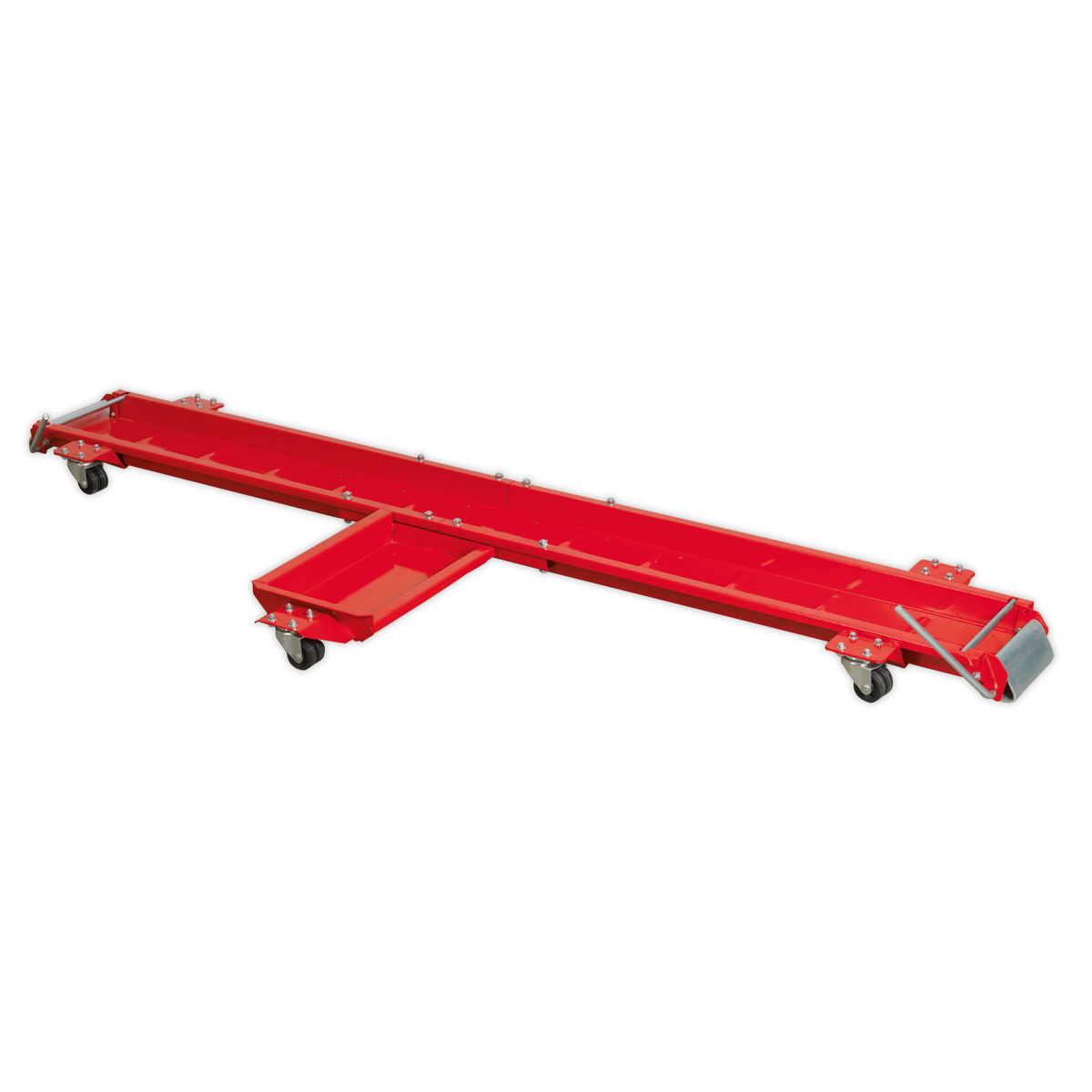 Sealey's Motorcycle Dolly - Side Stand Type (MS063) features a red creeper tool with a handle and four caster wheels, designed for automotive repair to allow mechanics to work comfortably beneath vehicles, offering improved maneuverability similar to that of a motorcycle dolly.