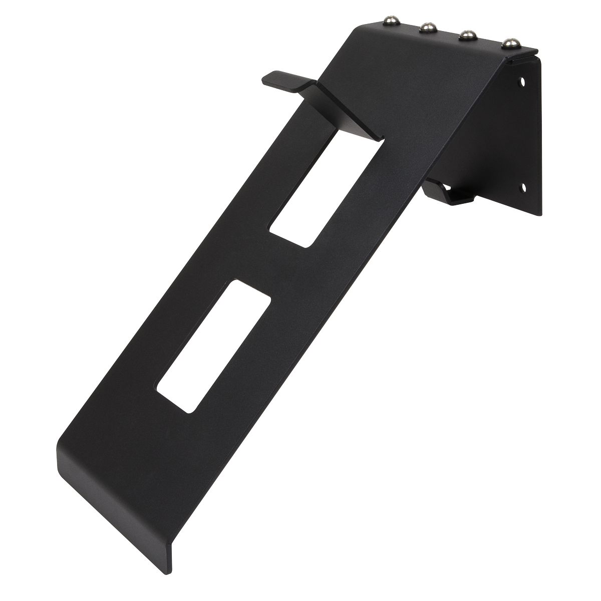 Introducing the Sealey Motorcycle Helmet and Jacket Hook - MS0812, a black metal bracket with a sloped design featuring rectangular cutouts and mounting holes on one end. It's perfect for use as a wall-mountable helmet hook or for helmet and jacket storage.