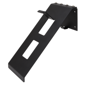 Introducing the Sealey Motorcycle Helmet and Jacket Hook - MS0812, a black metal bracket with a sloped design featuring rectangular cutouts and mounting holes on one end. It's perfect for use as a wall-mountable helmet hook or for helmet and jacket storage.