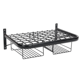 The Sealey Motorcycle Helmet & Gear Tidy (MS081) is a wall-mounted black metal storage rack, crafted from powder-coated steel with two mounting brackets and a grid-like design, perfect for organizing gloves and other items in a garage or workshop.