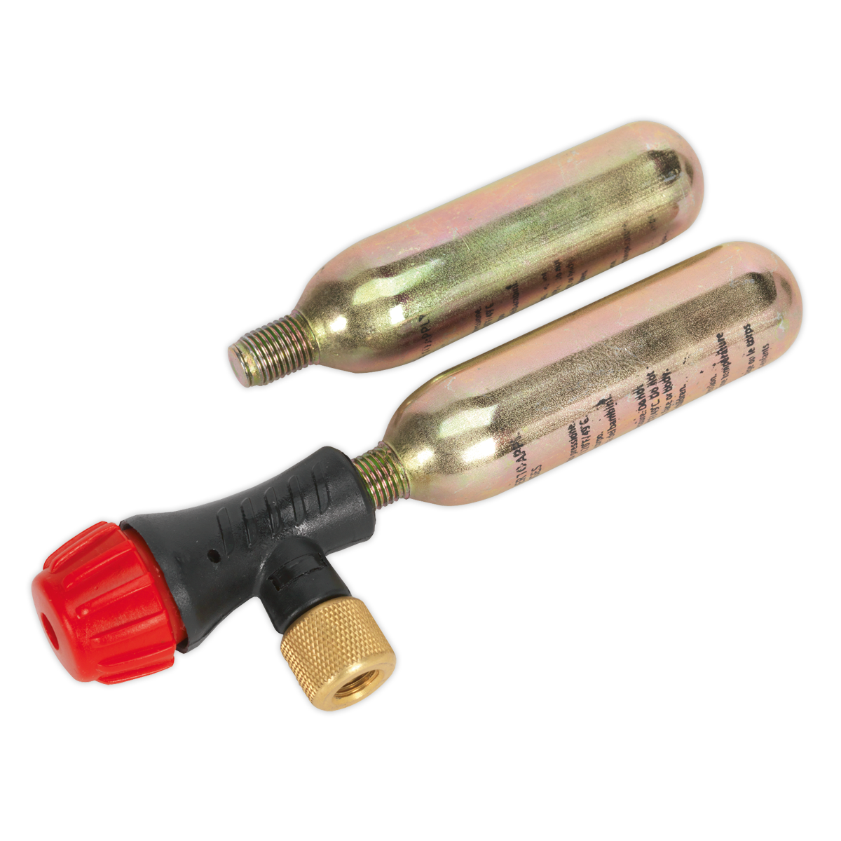 Two metallic 16g CO2 canisters connected to a black and red valve attachment with a brass connector, forming the Sealey Motorcycle CO2 Emergency Tyre Inflator Kit - MS087.