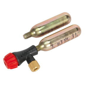 Two metallic 16g CO2 canisters connected to a black and red valve attachment with a brass connector, forming the Sealey Motorcycle CO2 Emergency Tyre Inflator Kit - MS087.
