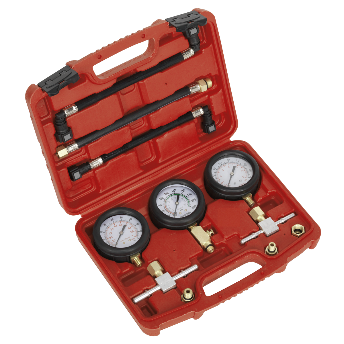 The Sealey Motorcycle Compression & Fuel Pressure Gauge Set 3pc - MS100 is a sturdy red plastic case that includes three gauges, hoses, and connectors designed for measuring pressures in automotive systems.