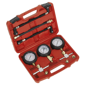 The Sealey Motorcycle Compression & Fuel Pressure Gauge Set 3pc - MS100 is a sturdy red plastic case that includes three gauges, hoses, and connectors designed for measuring pressures in automotive systems.