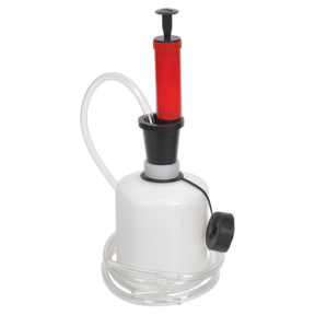The Sealey Vacuum Oil & Fluid Extractor Manual 1.6L - MS155 is a white device with a 1.6L capacity, featuring a red and black handle, a clear flexible tube, and a black cap attached to the container. Ideal for engine oil extraction, it includes suction probes for easy and efficient operation.