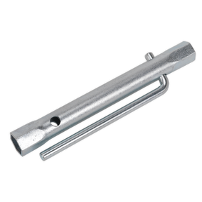 The Sealey Double End Long Reach Spark Plug Box Spanner 14/16mm with L-Bar - MS160 is a silver hexagonal metal tool featuring a side hole and an L-shaped handle, ideal for reaching spark plugs.