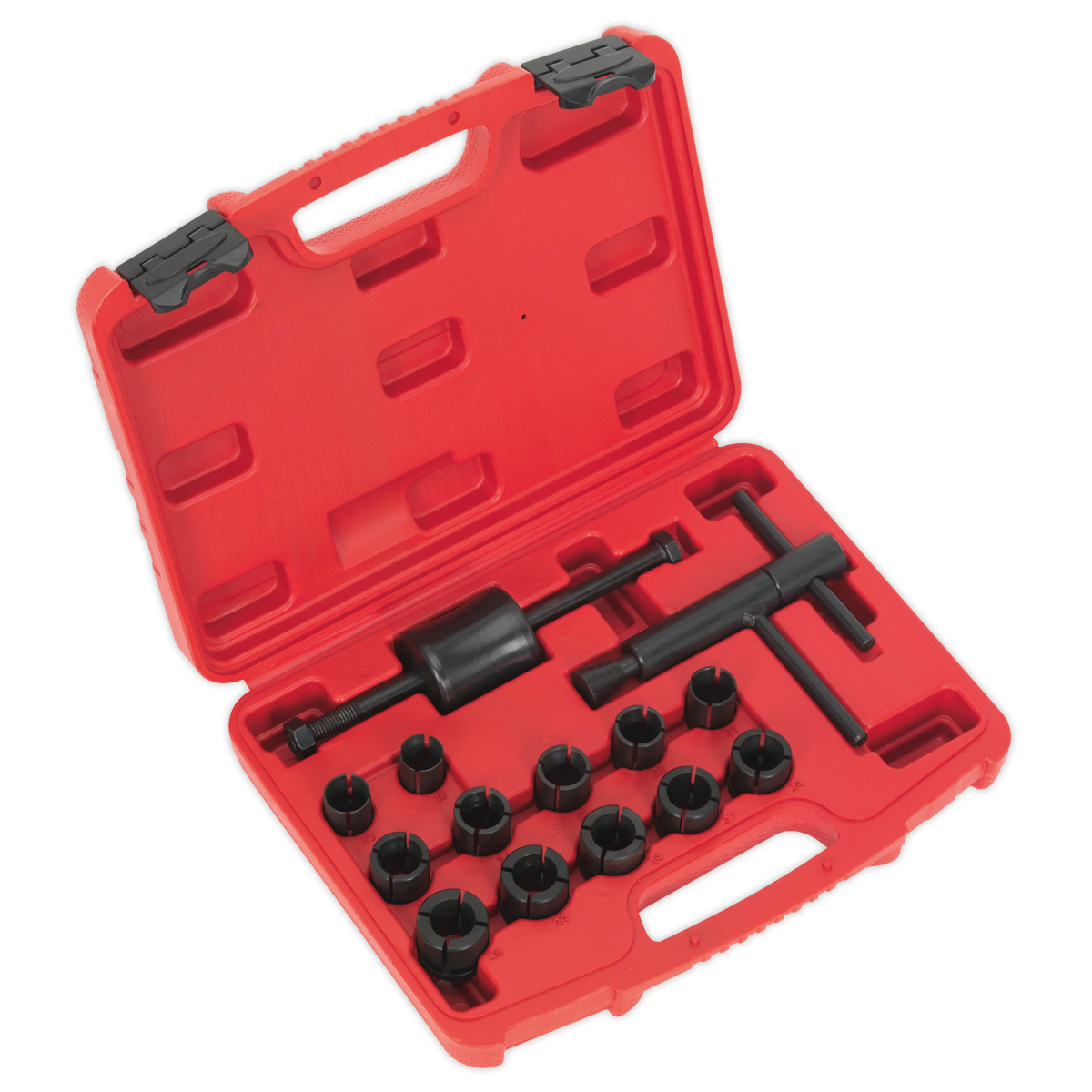 The Sealey Motorcycle Brake Piston Removal Kit 14pc (MS162) is housed in a red plastic carrying case, containing a set of black automotive tools such as various sizes of screw-type pullers, adapters, and a slide hammer, all neatly organized in designated slots.