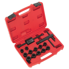 The Sealey Motorcycle Brake Piston Removal Kit 14pc (MS162) is housed in a red plastic carrying case, containing a set of black automotive tools such as various sizes of screw-type pullers, adapters, and a slide hammer, all neatly organized in designated slots.