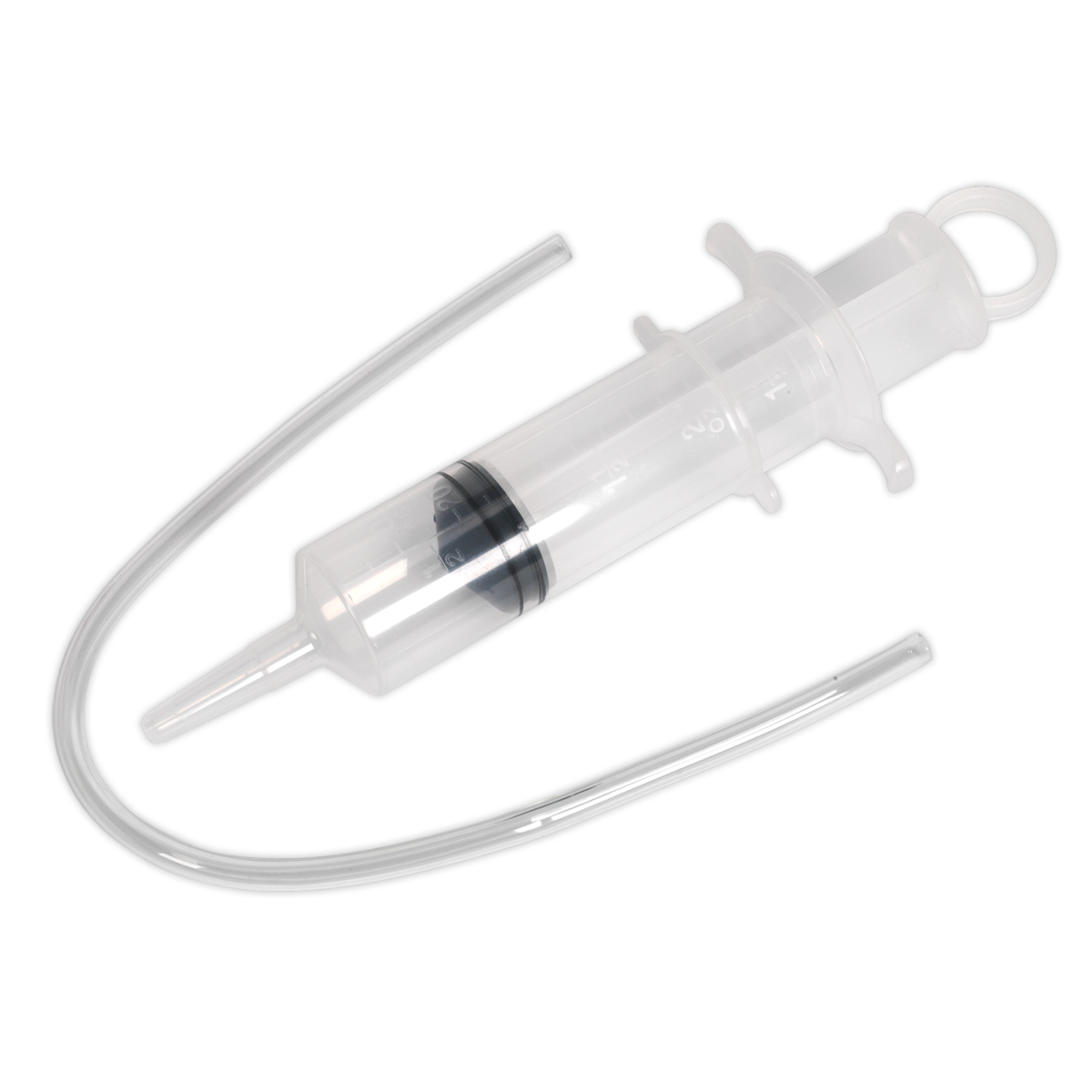 The Sealey Oil & Fluid Inspection Syringe 70ml - MS166, featuring a clear plastic body and a curved tube, ensures seamless oil transfer and optimal fluid compatibility.