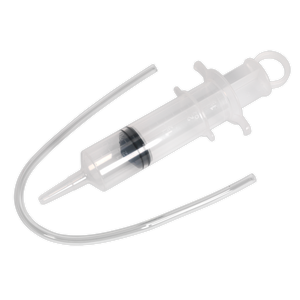 The Sealey Oil & Fluid Inspection Syringe 70ml - MS166, featuring a clear plastic body and a curved tube, ensures seamless oil transfer and optimal fluid compatibility.