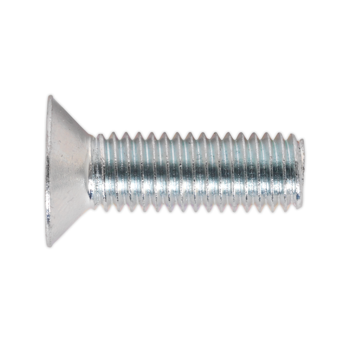 A horizontally oriented, MSC825 Sealey Machine Screw M8 x 25mm, featuring a silver flat Pozi countersunk head and threaded body, set against a blank background.