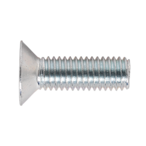A horizontally oriented, MSC825 Sealey Machine Screw M8 x 25mm, featuring a silver flat Pozi countersunk head and threaded body, set against a blank background.
