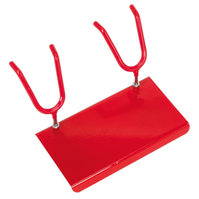 Sealey's Magnetic Spray Gun Holder - 2 Gun (model MSH02) is a red, metal mount with inverted U-shaped hooks and a rectangular base, enhanced by heavy-duty magnetic brackets, specifically designed to hold two bicycles.
