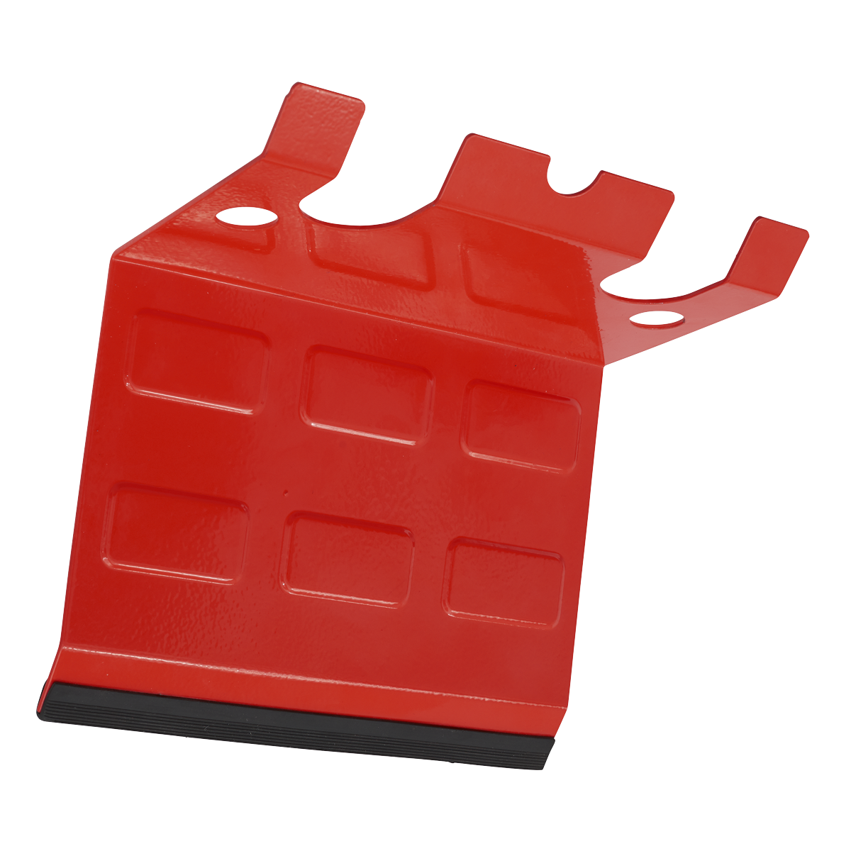 The Sealey Magnetic Spray Gun Holder - 2 Gun (MSH03) features a red, rectangular plastic design with multiple indentations, two handle extensions on the top, and a heavy-duty magnetic bracket for secure attachment.