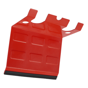 The Sealey Magnetic Spray Gun Holder - 2 Gun (MSH03) features a red, rectangular plastic design with multiple indentations, two handle extensions on the top, and a heavy-duty magnetic bracket for secure attachment.